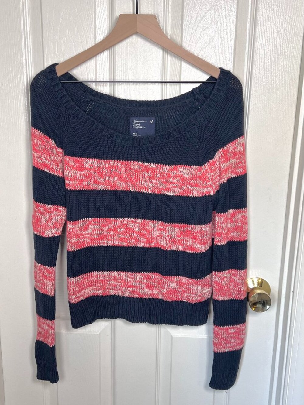 American Eagle Red and Navy Striped Wide Neck 100% Cotton Knit Sweater Size M
